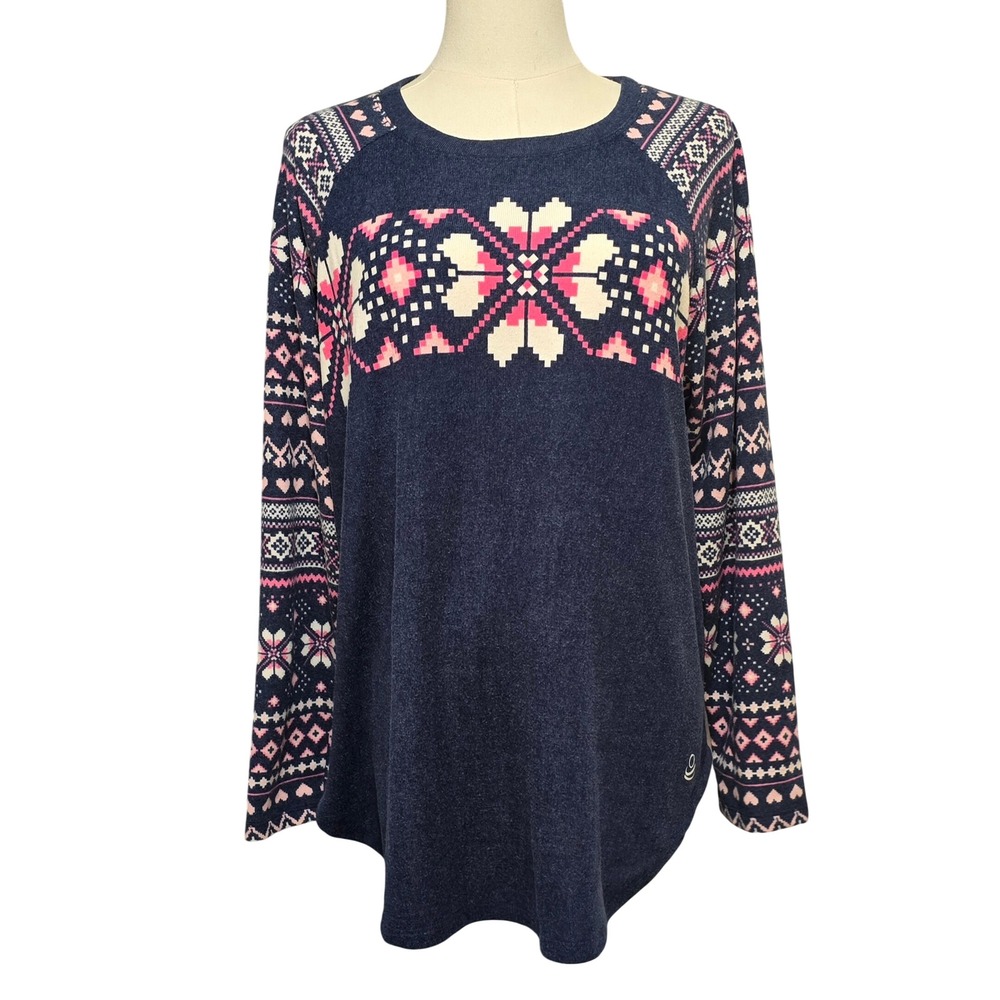 Cuddl Duds Womens Navy Blue Fair Isle Snowflake Raglan Long Sleeve Top L